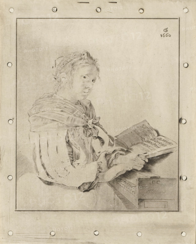 Piano player, print, A woman, dressed in a dress with slit sleeves, at the keyboard. Only the black plate. With sixteen register holes in the margins. The print lies loose in an album, see page 12., printmaker: Johannes Körnlein, after drawing by Jan de Bray (attributed to), after drawing by Gerrit Dou, supervision: Cornelis Ploos van Amstel, Amsterdam, 1767, Attributed to, paper, print drawing, etching, crayon manner, through-print, etching in crayon manner and through-print, proof print of the plate for the black part of the image, height 221 mm x width 176 mm, adult woman, keyboard instruments, A detailed pencil drawing of a seated young person shown from the torso up, turned slightly to the side and looking toward the viewer, wearing a loose garment with draped folds and a tied scarf at the shoulder, hair pulled back with loose curls, one hand resting on the open pages of a book while the other hand appears to turn a page, the book placed on a flat surface next to a box with visibl...