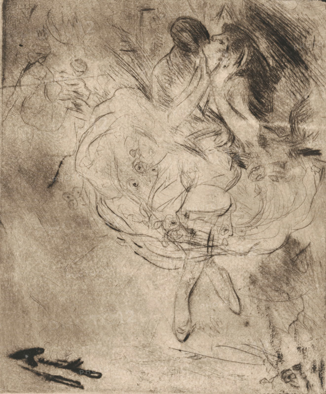 Dancing couple, print, The woman's skirt blows up while dancing., printmaker: Herman de Rouville de Meux (signed by artist), Netherlands, 1869 - 1939, Herman de Rouville de Meux, printmaker, paper, etching, intaglio printmaking technique, height 177 mm x width 146 mm, one pair dancing, man and woman dancing as a couple, A sepia-toned sketch with fine dark pencil and etching lines showing two figures in an embrace near the top right, one figure leaning back with hair flowing and the other close beside them, surrounded by swirling, sketchy lines and floral doodles; the central area contains curved lines suggesting clothing and rounded forms, with a visible leg and shoe extending downward toward the lower center; the background is textured with smudges, crosshatching, and faint sketch marks, and darker inked strokes appear near the bottom left and right edges.