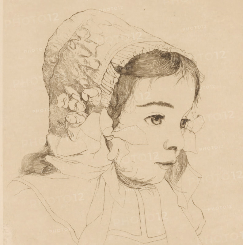 Portrait of an unknown girl, print, inscription: '96', printmaker: Frederik Salberg (signed by artist), 1907, paper, etching, height 237 mm x width 225 mm, anonymous historical person portrayed - BB - woman, A detailed pencil drawing of a young woman's face in profile and three-quarter view, showing a smooth forehead, arched eyebrow, large eye with defined lashes, straight nose, and slightly parted lips; her hair is dark, finely lined, and styled with a short fringe and soft waves that frame her cheek and chin, with an intricate braiding or wrapped section near the ear; she wears a voluminous bonnet or head covering with layered ruffles and textured, organic folds that extend down around her head and shoulder, rendered with delicate contour lines and shading on a light, slightly textured background.