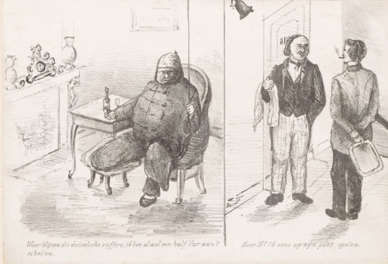 Angry wounded man rings the bell, Loose sketches, print, Two scenes on a sheet. A frustrated pipe-smoking man with a bandaged head and right leg sits at a table by a fireplace. He pulls a cord and rings the bell. Outside the door, two servants are discussing the angry man ringing the bell., printmaker: Jeremias Adriaan Adolf Schill, Netherlands, after design by J. van der Plas, 1864 - 1902, paper, lithography, height 175 mm x width 253 mm, Print is part of a series of eighteen., house personnel, servants, patient, sick person, Frustration, A charcoal drawing shows an interior scene with a large seated man wearing a coat and cap, reclining in a rounded chair and holding a bottle and a glass on a small table beside him, a mantel with vases and an ornate clock visible to his side, and two standing men near a doorway on the right, one facing forward in a jacket and patterned trousers holding a cloth or coat and the other seen from behind with a tray and a pipe in his mouth.