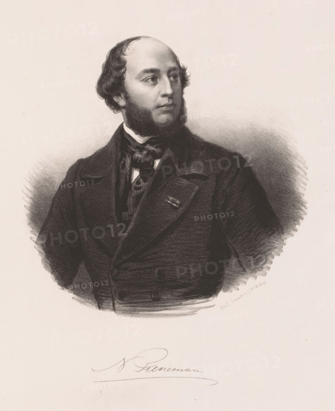 Portrait of Nicolaas Pieneman, print, Below the portrait the signature of the sitter., inscription: 'According to Weissenbruch - Drawn on stone by, H. Michael', printmaker: attributed to Hendrikus Michael, printer (person): Royal Dutch Stone Printing Company of CW Mieling, The Hague, 1847 - c. 1853, Royal Dutch Lithography of CW Mieling, printer (person), Attributed to, paper, chine collé, lithography, lithography on chine collé, height 305 mm x width 230 mm, Person, Nicolaas Pieneman, portrait, self-portrait of painter, historical persons ((full) bust portrait), A monochrome portrait of a man shown from the torso up wearing a dark double-breasted coat with wide lapels and a patterned cravat, his head turned slightly to one side and framed by short curly hair and sideburns, rendered with soft shading and textured pencil or charcoal strokes against a light background.