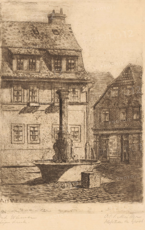 Alt Weimar, Cityscape with fountain in Weimar, print, printmaker: Octavia Cornelia Suzanna Hofstede de Groot (signed by artist), 1875 - c. 1940, printer (person), paper, etching, intaglio printmaking technique, etching with plate tone, self-printed, height 234 mm x width 161 mm, Date of death of artist unknown, therefore the dating of the object has been used for the determination of rights., city-view in general, 'veduta', ornamental fountain, Thuringia, Weimar, A sepia-toned etched scene showing a cobblestone square with a large ornamental fountain in the foreground, featuring a rounded basin and a tall central column with carved decorative elements; a small rectangular block sits beside the fountain. Behind the fountain are two adjacent multi-story buildings with steeply pitched, shingled roofs and multiple window openings, some with small awnings; one building has dormer windows and a chimney, the other shows a darker façade and a recessed doorway beneath a cornice. The image has a...