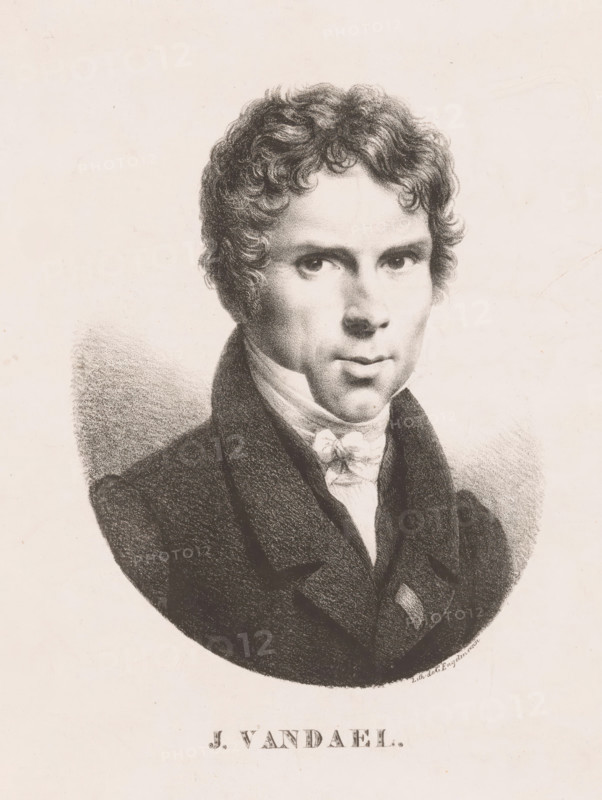 Portrait of the artist Jan-Frans van Dael, J. Vandael, print, printer (person): Gottfried Engelmann, Paris, 1816 - 1839, printmaker, printer (person), paper, lithography, lithografie, height 284 mm x width 215 mm, Person, Jan Frans van Dael, historical persons, A monochrome portrait of a man shown from the chest upward, wearing a dark coat with wide lapels and a high white collar with a tied cravat, his face rendered with fine shading and short curly hair framing his forehead and temples, his eyes looking forward with a composed expression, a softly shaded background around his shoulders and head, the image set against a light paper surface.