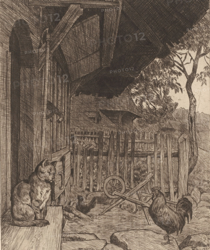 Cat and rooster in front of a house, print, printmaker: Hans Thoma, Karlsruhe (possibly), 1901, Baden-Württemberg, paper, etching, intaglio printmaking technique, height 300 mm x width 245 mm, fowl (cock, hen, chicken, etc.), cat, A detailed pen-and-ink scene shows a wooden porch and yard with a cat sitting on a bench to the left and a rooster standing on the ground to the right, a hen nearby, a wooden wheelbarrow tipped over with a broken wheel, a picket fence and gate in the midground, a tree with foliage rising on the right edge, slatted siding and structural beams of a building above casting shadowed crosshatch patterns, a stone path and scattered boards on the ground, and dense crosshatched shading throughout defining texture and depth.