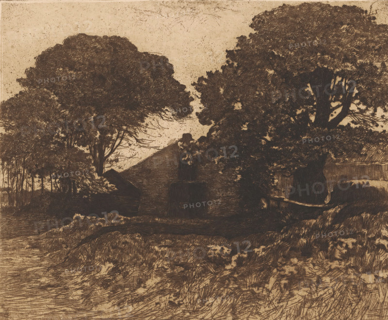 Farm in Dekkersduin (original title), Landscape with farm, print, annotation: 'No. 51', printmaker: Willem de Zwart (signed by artist), c. 1885, paper, etching, intaglio printmaking technique, retroussage, height 264 mm x width 317 mm, farm or solitary house in landscape, The Hague, Dekkersduin, A sepia-toned etching showing dense, textured tree canopies framing a central darker structure with a pitched roof and a small doorway obscured by shadow, rough ground in the foreground marked by crosshatched lines and grassy textures, clusters of foliage and trunks on both sides, a fence or railing partially visible near the right edge, and a mottled, speckled sky above.