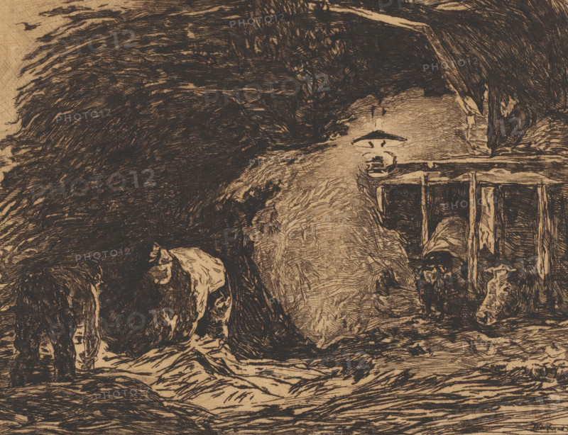 Stable interior by lamplight, print, annotation: '51', printmaker: Willem de Zwart (signed by artist), 1872 - 1931, paper, etching, drypoint, intaglio printmaking technique, height 252 mm x width 320 mm, farmers, cow, barn - AA - civic architecture: inside, A densely hatched monochrome drawing shows a large central figure seated and wrapped in textured lines, surrounded by smaller figures with bowed postures and detailed facial features, all rendered with dark crosshatching on a lighter background; a lamp with a rounded shade sits near the central figure casting lighter tones, while a wooden railing and structural beams appear behind and to the side, and thick, sweeping strokes create a backdrop of foliage or fur-like texture that fills much of the upper area.