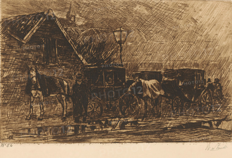 Carriages in a street in the rain, Carriages in the rain (original title), print, printmaker: Willem de Zwart (signed by artist), c. 1890 - c. 1892, paper, etching, drypoint, intaglio printmaking technique, height 135 mm x width 215 mm, street, four-wheeled vehicle drawn by one animal, rain, A sepia-toned etched scene shows a row of horse-drawn carriages parked along a street beside a steep-roofed building, with a lantern mounted on a post between the building and the carriages; a man stands near the foremost carriage and two horses are harnessed and partially covered, their forms rendered in dense crosshatching, while the background features textured rooftops and a distant tower, all depicted with strong diagonal and vertical etched lines.