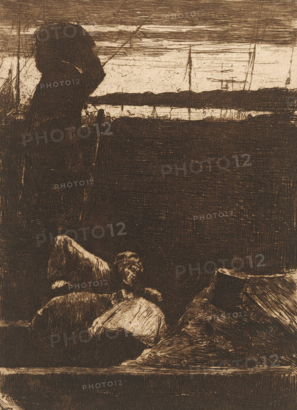 Port Workers, Coal Carriers (original title), print, printmaker: Willem de Zwart (signed by artist), c. 1886, paper, etching, drypoint, intaglio printmaking technique, height 212 mm x width 156 mm, harbour, coal-shovel, A dark, heavily textured scene rendered in sepia tones shows a large silhouetted figure on the left wearing a hooded garment, facing toward the right where a horizon line and faint masts of boats appear against a lighter sky; in the foreground there are reclining figures with draped clothing and a visible head and shoulders of a person whose face is sketched with crosshatched lines, while additional rounded forms and folds of fabric occupy the lower right, all composed with dense, linear etching marks creating strong contrasts between shadowed areas and the lighter strip of water and sky.