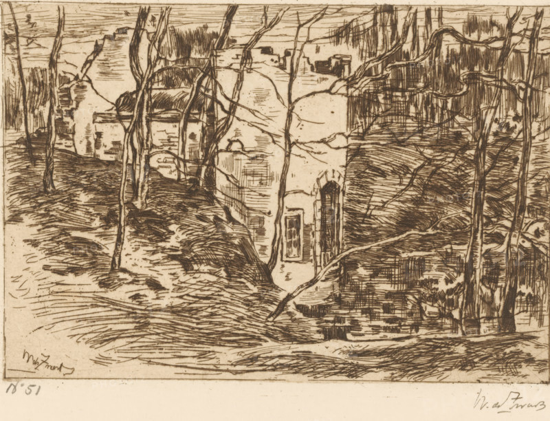 Ruins, pond on the right (Lage Vuursche) (original title), Ruins in a forest, by a pond, print, printmaker: Willem de Zwart (signed by artist), c. 1896, paper, etching, intaglio printmaking technique, height 125 mm x width 179 mm, forest, wood, landscape with ruins, pond, pool, Lage Vuursche, A sepia-toned etching showing a landscape with irregular rock formations and winding tree trunks and branches, dense crosshatching suggesting textured ground and foliage, a vertical narrow dark opening set into one rock face, layered horizontal strokes indicating distant terrain, and tangled curving lines forming trunks and roots throughout the scene.