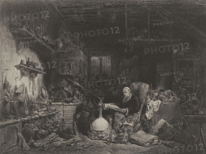Alchemist in his workshop, L'alchimiste, Ancient and contemporary artists, Les artistes anciens et moderns, print, Series number, 53, 240, printmaker: Célestin François Nanteuil, after painting by Eugène Isabey, printer (person): Victor Jacques Bertauts, Paris, 1848 - 1862, Célestin François Nanteuil, Eugène Isabey, Victor Jacques Bertauts, printmaker, after painting by, printer (person), paper, chine collé, lithography, lithography with planing technique on chine collé, height 307 mm x width 401 mm, alchemist at work, workshop, A dimly lit interior filled with shelves, tables, and hanging objects; a seated older person wearing a cap holds a large open book while sitting in a high-backed chair; a large round flask and a tall glass tube sit on a table in front of the chair amid scattered bottles and cloths; numerous tools, vessels, and utensils are arranged on wall-mounted shelves and counters along the left side; piled fabrics, jars, and assorted small items cover the surfaces in the f...