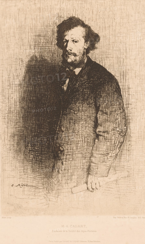 Portrait of Alfred Cadart, MA Cadart, Fondateur de la Société des Aqua-Fortistes, print, Numbered top right: 99., printmaker: Théodule Augustin Ribot, printer (person): Delâtre, Paris, publisher: Cadart & Luquet, 1860 - 1872, printer (person), paper, etching, intaglio printmaking technique, height 318 mm x width 240 mm, Person, Alfred Cadart, historical persons, portrait, self-portrait of artist, A sepia-toned etching of a bearded man shown from the thighs up, facing slightly left with his head turned toward the viewer, wearing a dark jacket and scarf, his hair tousled and a hand resting on a rolled object; the background is filled with crosshatched lines and shading, and the lower portion of the image shows a lighter blank area beneath the figure.