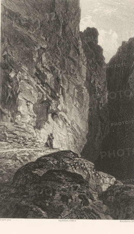 Les rochers, Cave entrance with sentry, Les artistes anciens et moderns, Ancient and contemporary artists, print, Beraldi 2, printmaker: Adolphe Mouilleron, after painting by Adrien Guignet, printer (person): Victor Jacques Bertauts, Paris, 1851 - 1862, printer (person), paper, chine collé, lithography, lithography with planing technique on chine collé, height 442 mm x width 306 mm, Series title based on later condition. This print series consists of 240 prints, the later state of this print is number 203., rocks, guard duty, keeping sentry, cave, grotto, A monochrome drawing showing a narrow rocky canyon with steep textured cliff faces on both sides, a lighter rock wall on the left and a darker, shadowed wall on the right, rugged foreground rocks leading into the canyon, and a small human figure standing near the base of the left cliff holding a long vertical pole.