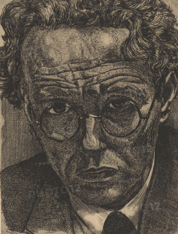 Self-portrait, print, A self-portrait of Arend Hendriks with glasses., printmaker: Arend Hendriks (signed by artist), 1911 - 1941, printer (person), paper, etching, intaglio printmaking technique, height 200 mm x width 150 mm, Person, portrait, self-portrait of artist, eyeglasses, spectacles, A close-up black and white ink drawing of an older man’s face and upper torso showing detailed crosshatching and line work. The man has wavy hair swept back from his forehead, deep horizontal wrinkles across his brow, and round spectacles perched over his eyes. His eyes are partially open with shaded eyelids and shadows beneath them. The nose is long and sharply defined by dense lines, and the mouth is set in a straight expression with pronounced lines around it. The man wears a collared shirt and a dark tie beneath a textured jacket. The overall image emphasizes fine, dense strokes and contrast between light and shadow.