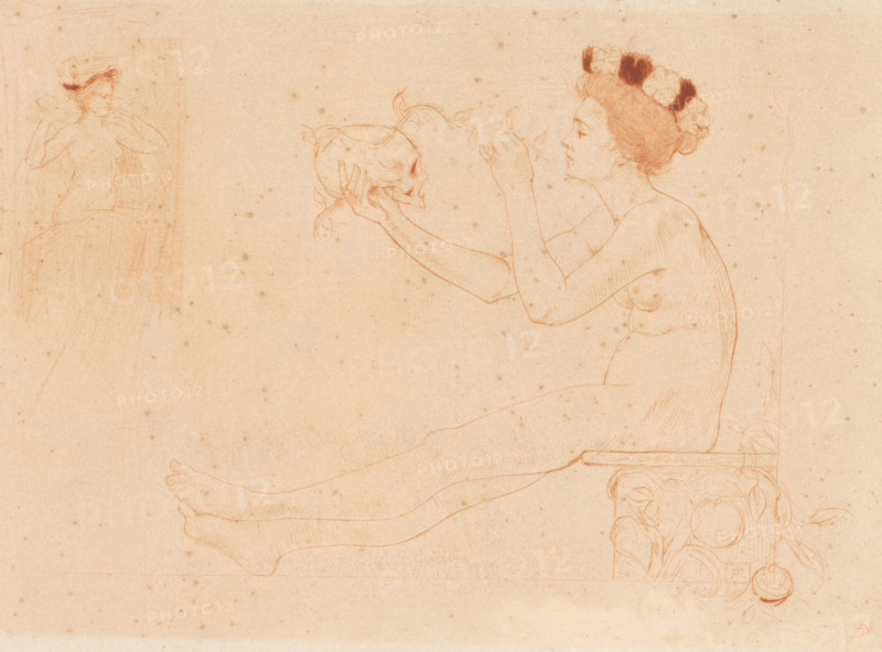 Naked woman looking at a skull in her hand, print, printmaker: Armand Rassenfosse, 1895, paper, etching, drypoint, roulette, intaglio printmaking technique, roulette and plate tone in reddish brown, height 220 mm x width 301 mm, death's head, skull (symbol of Death), the (nude) human figure, 'Corpo humano' (Ripa) - AA - female human figure, (human) skull, A sepia-toned drawing on aged paper shows a seated nude woman in profile facing left, with hair piled and adorned with dark flower-like shapes; she holds a skull in one hand and reaches toward it with the other, her arms extended and detailed with fine linework; her torso, breasts, and long legs are sketched with delicate crosshatching, her feet resting horizontally; near her is an ornate rectangular support with swirling decorative motifs; in the upper left a faint sketch of another figure with a hat and draped clothing appears, and the background is speckled with small age spots and subtle paper texture.