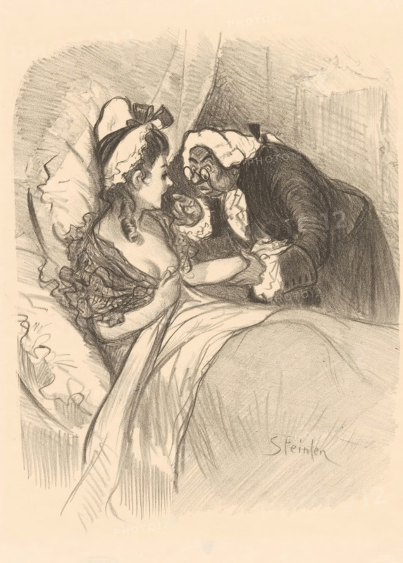 Dame Jacinthe (original title), Madame Jacinthe, print, printmaker: Théophile Alexandre Steinlen, printer (person): Delanchy & Co, Paris, publisher: Henri Heugel, 1900, printer (person), paper, lithography, height 350 mm x width 275 mm, nursing, tending the sick, patient, sick person, A charcoal drawing of two figures on a bed, one appearing younger and reclining with a headband and ruffled clothing, the other leaning over wearing round glasses and a head covering, their hands touching and faces close together, with rumpled bedding and pillows around them and soft shading filling the background.