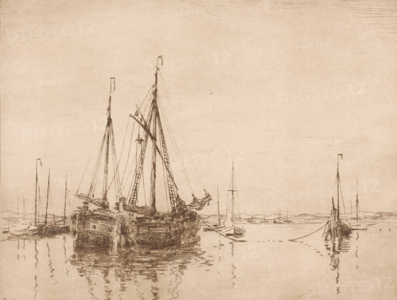 Harbour, Norderney (original title), Harbour with moored two-masted ship, print, printmaker: Willem Bastiaan Tholen, 1870 - 1914, paper, etching, intaglio printmaking technique, height 199 mm x width 242 mm, sailing-ship, sailing-boat, Lower Saxony, Aurich, A sepia-toned sketch showing several sailing vessels moored on calm water, with tall masts, rigging lines, and folded sails; the foreground features larger boats with detailed hull textures and reflections in the water, while smaller boats and thin masts appear farther back toward a low, distant shoreline; the sky area is mostly empty with faint horizontal sketch lines.