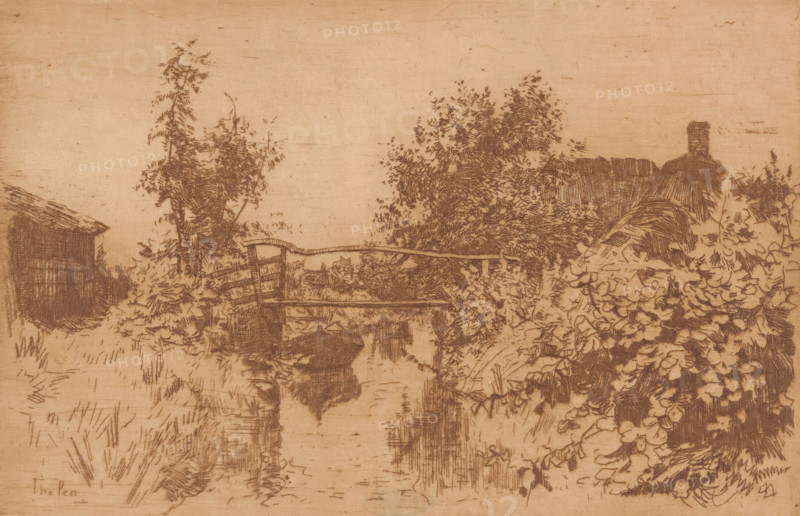 Bridge over a canal in a landscape with trees, houses, and shrubbery, Giethoorn (original title), print, printmaker: Willem Bastiaan Tholen (signed by artist), 1870 - 1914, paper, etching, drypoint, intaglio printmaking technique, etching and drypoint with plate tone, printed in brown, height 145 mm x width 216 mm, rural housing, eg country-house, villa, cottage, bridge, small canal, ditch, A sepia-toned etching shows a rural scene with a narrow stream running toward the foreground, flanked by dense foliage and clusters of rounded flowers on the right; a simple wooden footbridge spans the water near the middle, reflected faintly in the surface below; a slender tree and taller shrubbery rise behind the bridge, and a low thatched building with a chimney is visible beyond the foliage on the right while another darkened structure appears at the left edge; the ground on either side of the stream is marked with grassy strokes and scattered plants, and the sky is left largely unmarked.