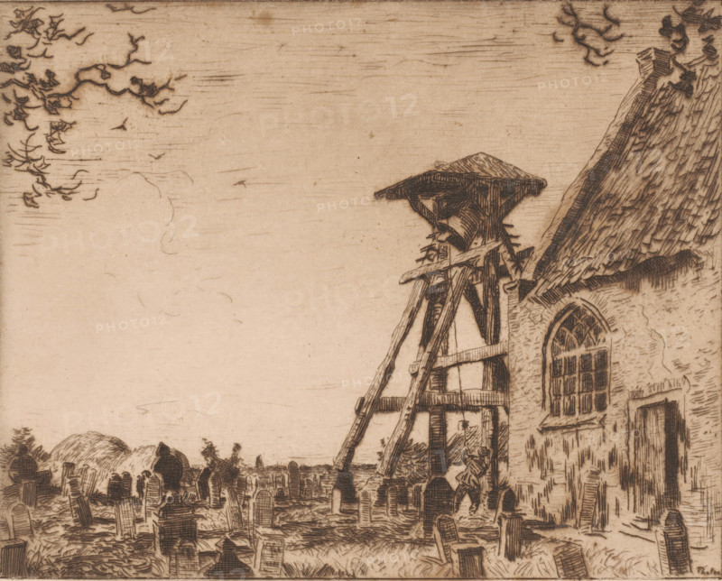Church with churchyard and bell tower, Churchyard with bell tower, Giethoorn (original title), print, printmaker: Willem Bastiaan Tholen, 1870 - 1908, paper, etching, intaglio printmaking technique, height 167 mm x width 210 mm, churchyard, cemetery, church (exterior), church bell, A sepia-toned etched scene shows the right portion of a stone building with a steep thatched roof and an arched window with a lattice pattern, next to a tall wooden bell tower structure with a pitched roof and visible beams and supports, a ladder-like framework leaning against it, and a bell hanging beneath the small roof; the foreground displays an expanse of graves with a variety of upright and leaning headstones scattered across uneven ground, while the sky above is mostly empty with faint horizontal etched lines and a few stylized cloud or foliage shapes near the upper corners.