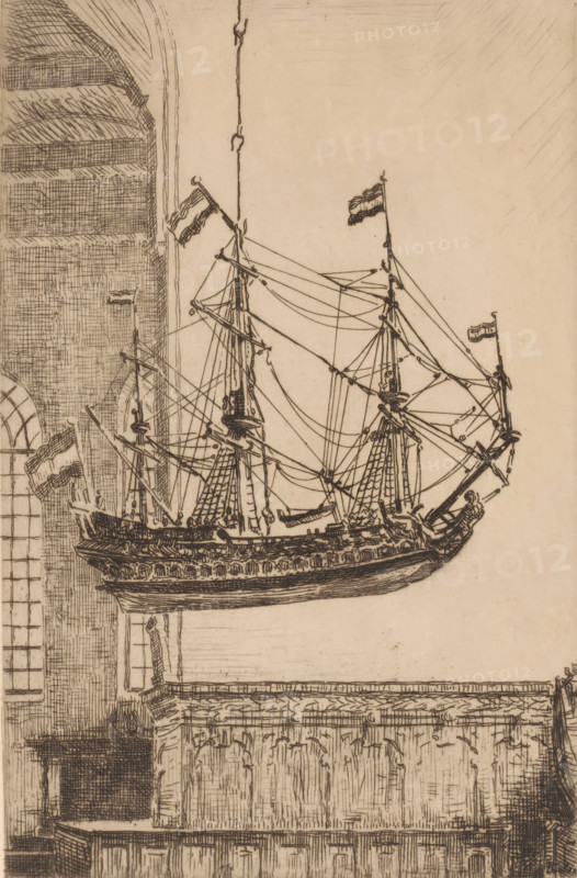 Ship model in the Great Church, in Blokzijl, Ship in church (original title), print, printmaker: Willem Bastiaan Tholen, 1870 - 1914, paper, etching, intaglio printmaking technique, height 233 mm x width 153 mm, interior of church, ship-model, Blokzijl, A detailed line drawing of a sailing ship suspended indoors by ropes, showing multiple masts with yards, rigging, and small flags at mast tops, with intricately drawn hull decorations and stern features; the ship hangs against a background of architectural elements including tall arched windows, stone walls with crosshatch shading, and an ornate balcony or gallery with carved panels beneath the ship.