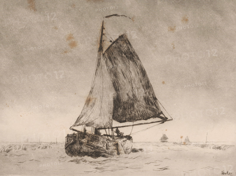Sailing barge (original title), Sailing ship, print, printmaker: Willem Bastiaan Tholen, 1870 - 1931, paper, etching, intaglio printmaking technique, height 184 mm x width 242 mm, sailing-ship, sailing-boat, A detailed ink drawing of a sailboat seen from behind on calm water, with a large dark sail and a lighter sail overlapping it, a wooden hull with visible planks and rigging, a small figure seated near the stern, subtle waves in the foreground, faint distant sailboats on the horizon, and a textured, slightly stained paper background.