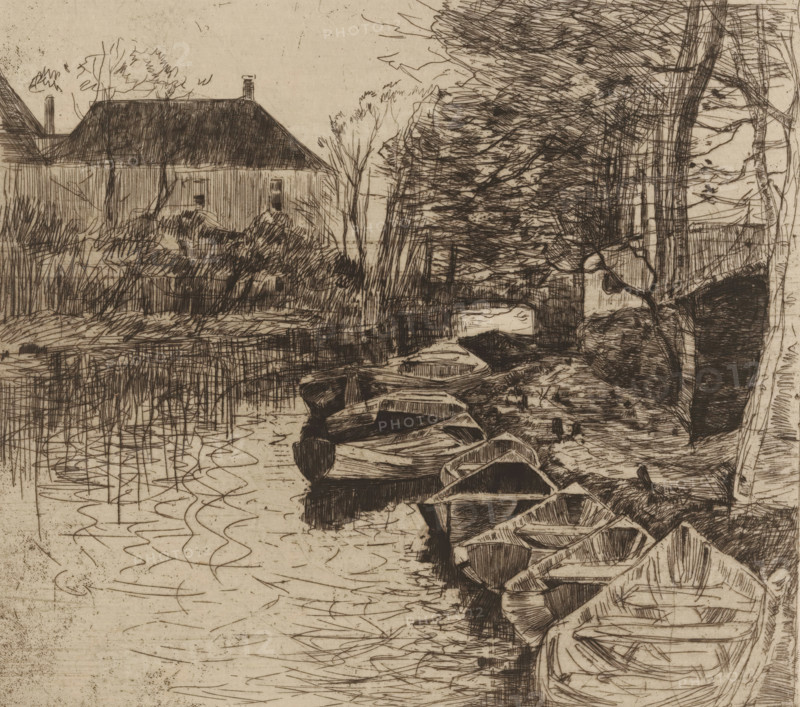 Canal with rowing boats, Boat rental 'Roeilust' (Loosduinse vaart) (original title), print, printmaker: Willem de Zwart (signed by artist), c. 1890 - c. 1891, paper, Japanese paper (handmade paper), etching, intaglio printmaking technique, height 231 mm x width 265 mm, rowing-boat, canoe, canal, The Hague, Loosduinen, A sepia-toned line drawing depicts a narrow waterway bordered by a row of small wooden boats tied up along a muddy bank, the boats rendered with crosshatched and parallel lines showing interior planks and curved hulls; tall reeds and grasses rise from the water’s edge with vertical and wavy strokes reflected in the rippling water; on the far side a building with a steep roof and small windows sits behind dense shrubbery and bare slender trees, the roof shaded with closely packed lines; to the right a cluster of tall trees and thicker trunks creates a textured mass of foliage and branches, while a wooden fence and stone embankment run along the shore, and the sky above is ...