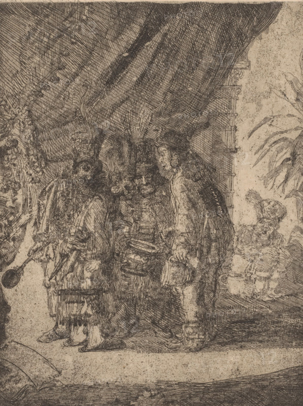 Persian physicians examine the bowel movements of King Darius, Iston, Pouffamatus, Cracozie et Transmouff, célèbres médecins persans examinent les selles du roi Darius after the bataille d'Arbelles, print, Cracozie en Transmouffe, Persian physicians, examining Darius' bowel movements after the battle of Arabela., printmaker: James Ensor, 1886, paper, etching, intaglio printmaking technique, etching with plate tone, height 246 mm x width 195 mm, physician, doctor, defecation, (story of) Darius, king of Persia, A detailed pen-and-ink scene showing a group of figures clustered under a heavy drapery, with ornate textures and crosshatched shading; several figures wear elaborate, curly wigs and layered garments, some holding rounded hats or small containers, while one figure at the left edge holds a spoonlike object; the drapery above swings in diagonal folds and a decorated pillar with carved elements appears at the right, next to foliage and a partially visible seated figure on a stone led...