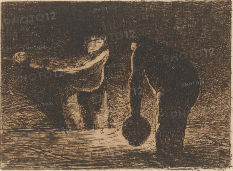 Two men at work (with ship's lantern) (original title), print, printmaker: Willem de Zwart (signed by artist), c. 1890 - c. 1893, Willem de Zwart, printmaker, paper, etching, drypoint, intaglio printmaking technique, height 134 mm x width 180 mm, working class, laborers, A densely hatched ink drawing shows two hunched human figures facing each other over a flat surface, one figure leaning forward with an arm extended and the other bent with a rounded object near its hand; both figures are rendered in dark, crosshatched strokes against a textured backdrop and the ground beneath them is covered in horizontal and diagonal lines.