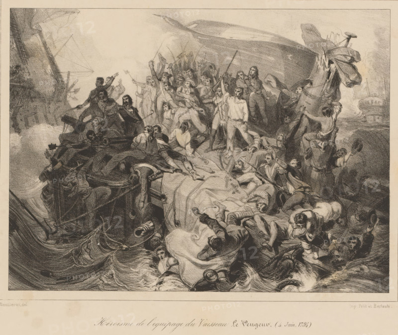 Héroisme de l'équipage du vaisseau Le Vengeur, (4 June 1794), Crew on the sinking ship Vengeur du Peuple, print, printmaker: Adolphe Mouilleron, after painting by Félix Louis Leullier, printer (person): Petit & Bertauts, Paris, publisher: Challamel & Cie., 1841, Adolphe Mouilleron, Félix Louis Leullier, Petit & Bertauts, Challamel & Cie., printmaker, after painting by, printer (person), publisher, paper, lithography, lithography with planing technique, height 225 mm x width 297 mm, Print used in: Ténint, Wilhelm. Album du Salon de 1841. Collection des principaux ouvrages exposés au Louvre (…). Paris: Augustin Challamel, 1841., crew, ship, shipping accident, sickness and death at sea, Period, 1794-06-04, A crowded scene on a ship deck rendered in dark pencil tones showing many people in various poses, some standing and gesturing with arms raised, others kneeling or lying down on the deck, with ropes, sails, and ship structures visible around them; waves and churning water appear at the ...