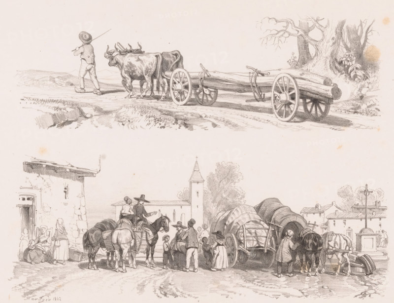 Two oxen transport logs and village square with covered wagons, horses, and figures, Examples of figure studies for landscape artists, Etudes Progressives de Figures Pittoresques à l'usage des Paysagistes, par Férogio, print, Series number, 46, Print is part of a cover with five prints., printmaker: Fortuné Férogio, printer (person): Auguste Bry, Paris, publisher: Gihaut frères, 1839 - 1845, Fortuné Férogio, Auguste Bry, Gihaut frères, printmaker, printer (person), publisher, paper, lithography, lithografie, height 289 mm x width 417 mm, covered wagon, hooded wagon, ox, four-wheeled vehicle drawn by two animals, village square, trees (stem, trunk), A wide pencil drawing shows two oxen harnessed to a long wooden cart being led by a man wearing a hat and holding a stick, the cart wheel visible and rough ground beneath; nearby a cluster of people and horses gather around several covered wagons and carts, with figures conversing and tending animals, some wearing brimmed hats and long garme...