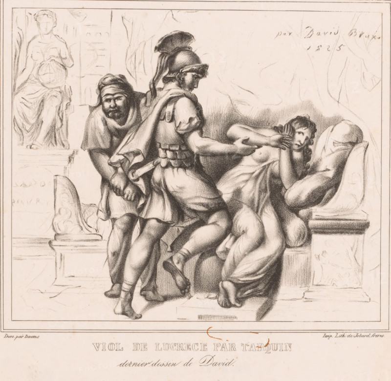 Sextus Tarquinius and Lucretia, Viol de Lucrece par Tarquin, print, Sextus Tarquinius is about to rape Lucretia., check stamp, printmaker: Ferdinand Daems, after design by Jacques-Louis David, printer (person): Jobard frères, Brussels, 1825, printer (person), paper, lithography, height 280 mm x width 341 mm, bedroom, nude with covered genitals - AA - female human figure, suffering, misfortune of Lucretia, A detailed pencil or charcoal drawing shows a central figure wearing a helmet with a plume and classical armor, seen from the side with one arm reaching toward a partly draped reclining woman whose hands are raised to her face and whose expression appears distressed; beside the armored figure another man with a beard and head covering leans forward, gripping fabric at his waist; a seated statue of a robed female figure holding a circular object is visible in the background on the left, and architectural elements such as a pedestal, column bases, and carved decorative motifs frame the ...