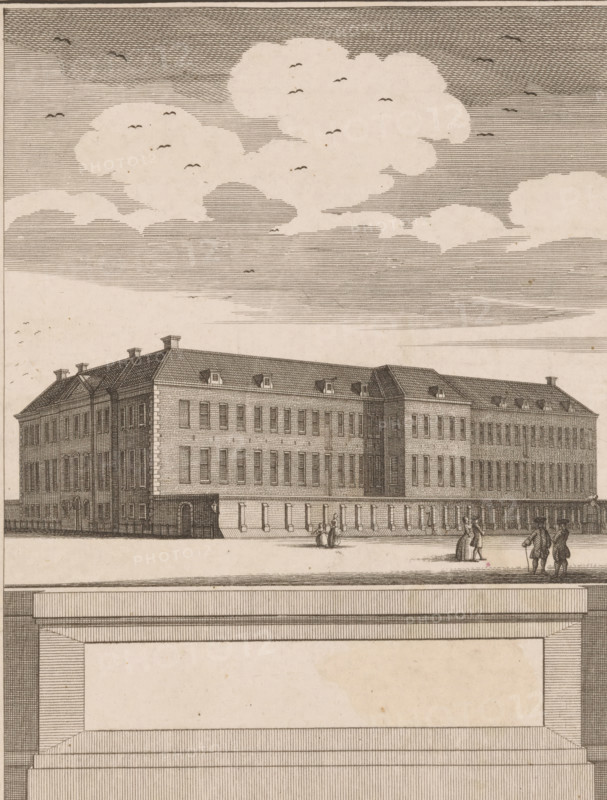 View of the New Workhouse in Amsterdam, print, printmaker, publisher, paper, etching, proof, height 179 mm x width 135 mm, civic architecture, edifices, dwellings, Amsterdam, Spin- and New Workhouse, A wide, rectangular building with a pitched roof and multiple chimneys stretches across the scene, its façade rendered in fine linework with rows of uniformly spaced windows and a central raised section; small groups of people in period clothing stand or walk in front of the building on a broad open area; above, a sky filled with layered, hatched clouds and scattered small birds occupies the upper portion of the image; below the building, a large framed blank rectangular panel bordered by dense hatching fills the lower area.