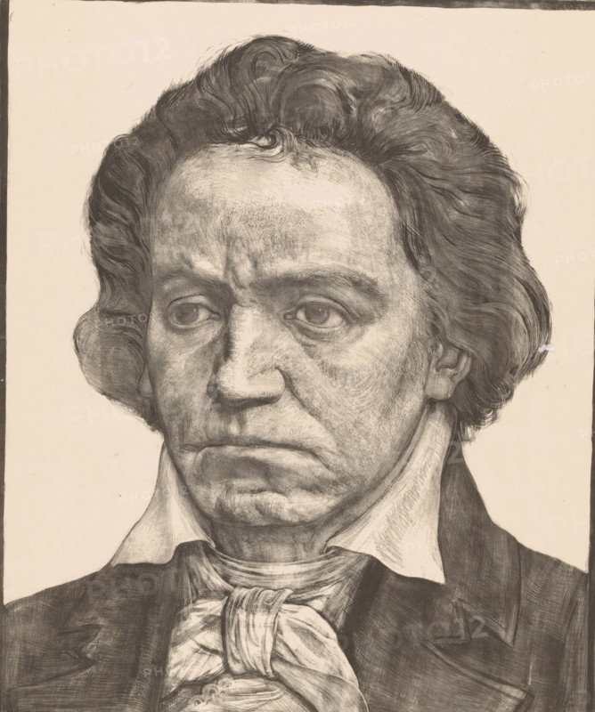 Beethoven, Portrait of Ludwig van Beethoven, print, inscription: 'grijs', printmaker: Antoon Derkinderen, 1902, paper, lithography, lithografie, proof print, height 646 mm x width 430 mm, Person, Ludwig van Beethoven, portrait of composer, A close-up drawing of an older man from the forehead down to the upper chest, rendered in detailed pencil or charcoal with visible shading lines and crosshatching, showing wavy hair framing the forehead and temples, deep-set eyes with furrowed brows, pronounced nasolabial folds and a downturned mouth, textured skin with fine wrinkles and stubble, a high collar and a tied cravat at the neck, and a dark coat with visible lapels against a plain light background.