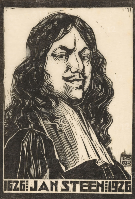 Portrait of Jan Steen, print, Half-length man, with long hair and a moustache, after the self-portrait by Jan Steen from 1626., title: '1626: JAN STEEN: 1926', signature: 'PWv Baarsel', monogram: 'PWvB', printmaker: Pieter Willem van Baarsel (signed by artist), 1926, paper, ink, materials by function, Japanese paper (handmade paper), printing ink, woodcut, woodcut on Japanese paper, height 175 mm x width 120 mm, height 230 mm x width 150 mm, Person, Jan Havicksz. Steen, A monochrome woodcut-style portrait of a person shown from the shoulders up, facing slightly to the viewer's right, with long wavy hair cascading over the shoulders and framing the face. The face has prominent features including arched eyebrows, partially closed eyes looking sideways, a pronounced nose, a mustache, and a small beard on the chin, all rendered with bold, textured lines and hatching. The figure wears a garment with a broad, folded collar and draped fabric, depicted with strong linear shading. The backgroun...
