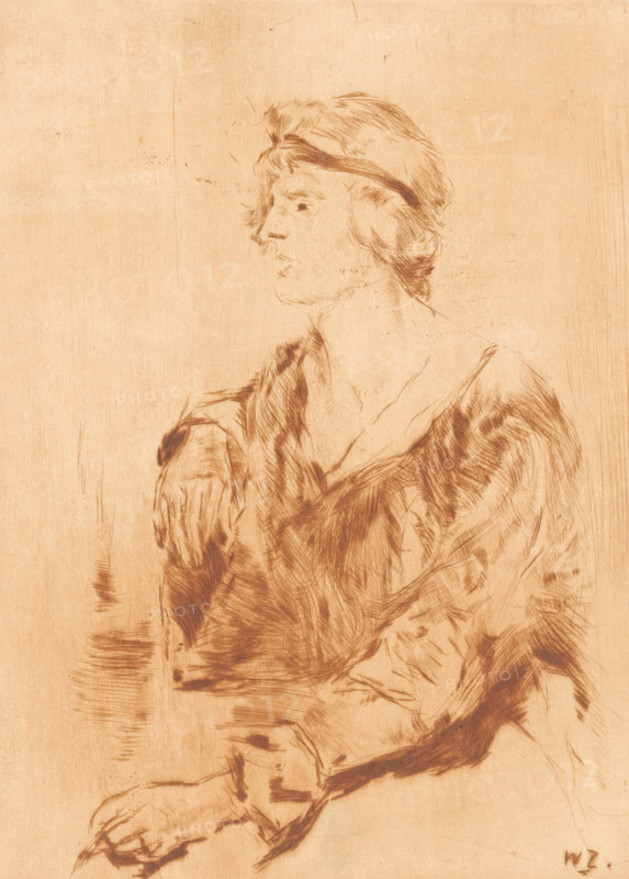 Sitting woman (original title), print, printmaker: Willem de Zwart, c. 1915 - c. 1916, paper, drypoint, intaglio printmaking technique, drypoint and plate tone, printed in brown, height 216 mm x width 162 mm, historical persons, adult woman, A sepia-toned sketch of a seated person in profile facing left, with short, tousled hair held back by a narrow band, a visible ear, and a defined nose and lips; the figure wears a loose, draped garment with broad, textured strokes indicating folds and shadows across the shoulders and chest, one arm bent with a hand resting near the torso and the other hand partially visible lower down; the background is plain with subtle vertical and horizontal texture and faint sketch marks scattered around the figure.