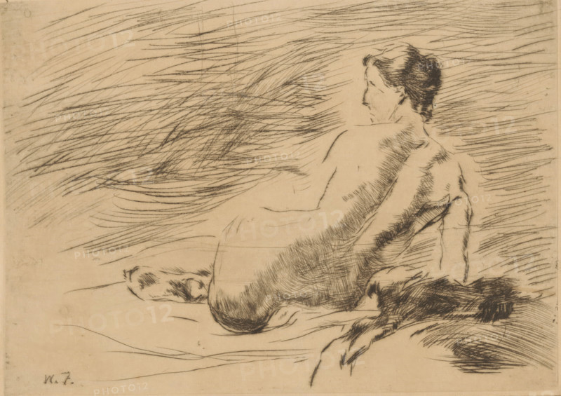 Lying nude (original title), Lying nude woman, print, printmaker: Willem de Zwart (signed by artist), c. 1915 - c. 1919, paper, drypoint, intaglio printmaking technique, height 141 mm x width 198 mm, lying figure - AA - female human figure, A monochrome sketch of a seated nude figure shown from behind with the head turned to the side, rendered with fine hatched lines; the figure's back, shoulder blades, and upper arms are visible, and the hair is short and darkly shaded. The background is filled with long, flowing, diagonal hatch marks suggesting movement or texture, and additional cross-hatching defines shadows along the figure's spine, buttocks, and limbs. The lower portion shows loosely drawn limbs and feet with softer lines, and the entire image sits on a pale, slightly textured paper.