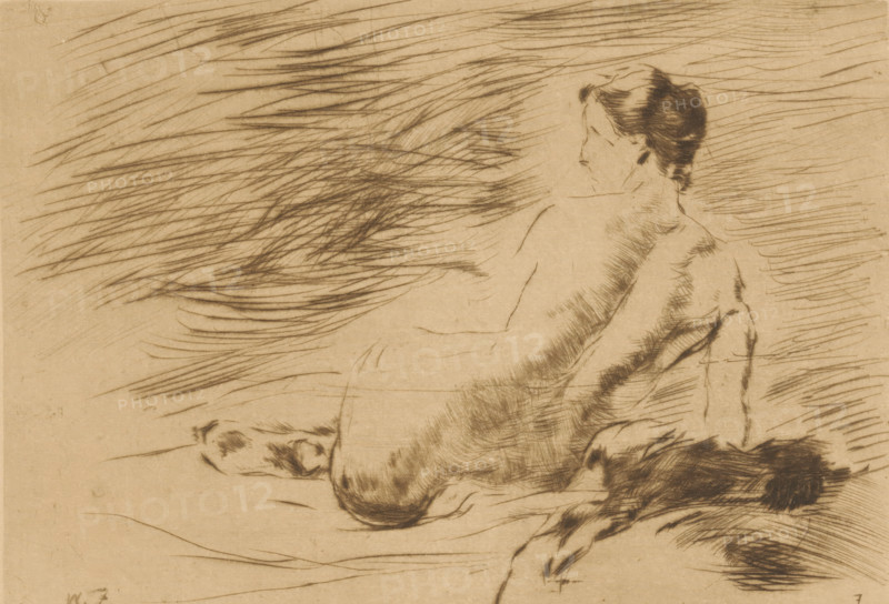 Lying naked woman, Lying nude (original title), print, printmaker: Willem de Zwart (signed by artist), publisher: Kunstzaal Vaarties, c. 1915 - 1919, 1924, paper, drypoint, intaglio printmaking technique, height 141 mm x width 200 mm, lying figure - AA - female human figure, A sepia-toned sketch of a reclining nude figure seen from the back, with short dark hair and a turned head, rendered with delicate contour lines and shaded with short, directional strokes; the torso and shoulders are outlined with fine lines and cross-hatching, and the arms and legs extend outward with softer shading; the background is filled with sweeping, parallel hatch marks that vary in density and direction, creating a textured field around the figure.