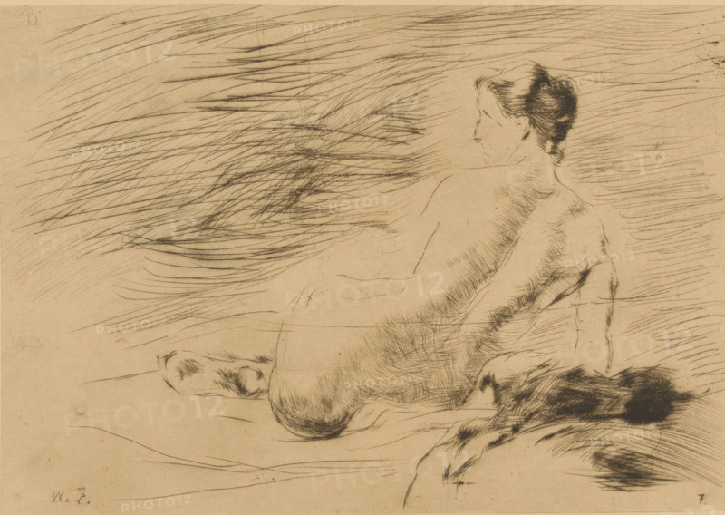Lying nude (original title), Lying nude woman, print, printmaker: Willem de Zwart (signed by artist), publisher: Kunstzaal Vaarties, c. 1915 - c. 1919, 1924, paper, drypoint, intaglio printmaking technique, height 141 mm x width 199 mm, lying figure - AA - female human figure, A sketch of a seated nude figure shown from the back and turned slightly to the side, with hair pulled up and the contours of the shoulders, back, and buttocks rendered in fine, curved lines; the background is filled with diagonal, sweeping hatch marks creating a sense of movement, and there are additional darker cross-hatched areas near the lower back and along the right side of the composition.
