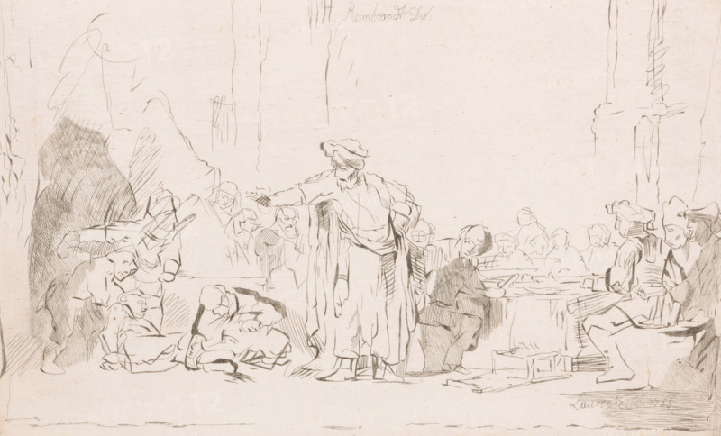 Standing man in an inn having someone gagged, print, printmaker: Johann Daniel Laurentz, after drawing by Rembrandt van Rijn, 1756, paper, etching, height 178 mm x width 292 mm, This depiction may be based on the Biblical story of the Mocking of Samson, or the story of Zedekiah who was brought before King Nebuchadnezzar in chains., head-gear: turban, prisoner with hands bound, A wide pen-and-ink drawing showing a group of people arranged across a shallow stage-like space, with a central standing figure wearing a loose robe and a hat, extending an arm outward. Figures on either side are seated or bent over tables and benches, some leaning forward and some turned toward the central figure. Sketchy outlines and cross-hatching define clothing folds, hats, faces, and hands, with heavier shading on a tall, dark form at the left and on a seated figure near the center-right. Architectural vertical lines and simple column-like elements rise behind the group, and scattered objects such as bowls,...