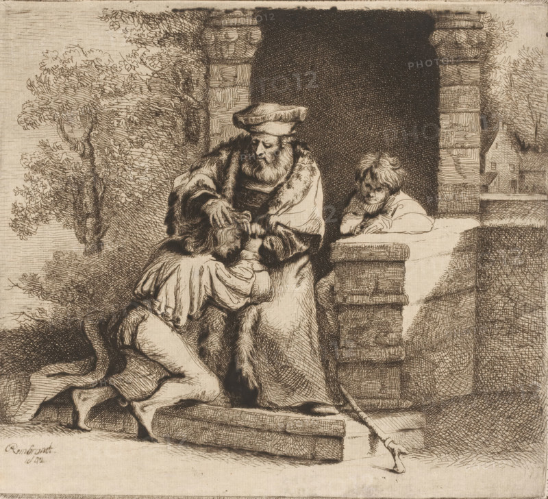 Homecoming of the prodigal son, print, printmaker: attributed to Ignace-Joseph de Claussin, France, after design by Rembrandt van Rijn, 1805 - 1844, Attributed to, paper, etching, engraving, drypoint, intaglio printmaking technique, height 200 mm x width 223 mm, the prodigal son returns home, where his father awaits him, A sepia-toned etching showing an older man seated on stone steps wearing a fur-lined robe and a soft hat, his head slightly bowed as he places a hand on the head of a younger figure kneeling before him with draped clothing; to the right a child leans on a stone ledge looking toward the seated man, and behind them a tall dark archway framed by textured stone pillars contrasts with foliage and trees visible to the left and a small building seen beyond the right pillar.