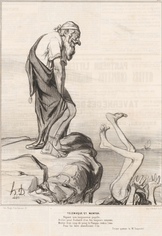Caricature of Telemachus and Mentor, Télémaque et Mentor, Caricatures of figures from Antiquity, Histoire ancienne, cartoon, Series number, 29, 50, number: '59', printmaker: Honoré Daumier, Paris, printer (person): Aubert & Cie., publisher: Bauger, 1842, printer (person), paper, lithography, height 361 mm x width 236 mm, Print published in: Le Charivari, 06-10-1842. Le Charivari was a humorous newspaper with caricatures and (political) cartoons., caricatures (human types), (story of) Telemachus, Telemachus starts out with Mentor, in search of his father, An elderly man with a long beard and a headscarf tied at the back leans forward from a rocky ledge, wearing a loose short-sleeved shirt and a flowing robe that drapes down over his legs and feet; his posture is bent and his facial features are drawn with deep lines and a prominent nose. Opposite him, legs and feet of another figure are visible kicking upward, the legs thin and angled with toes pointed, while hands reach upward from bel...