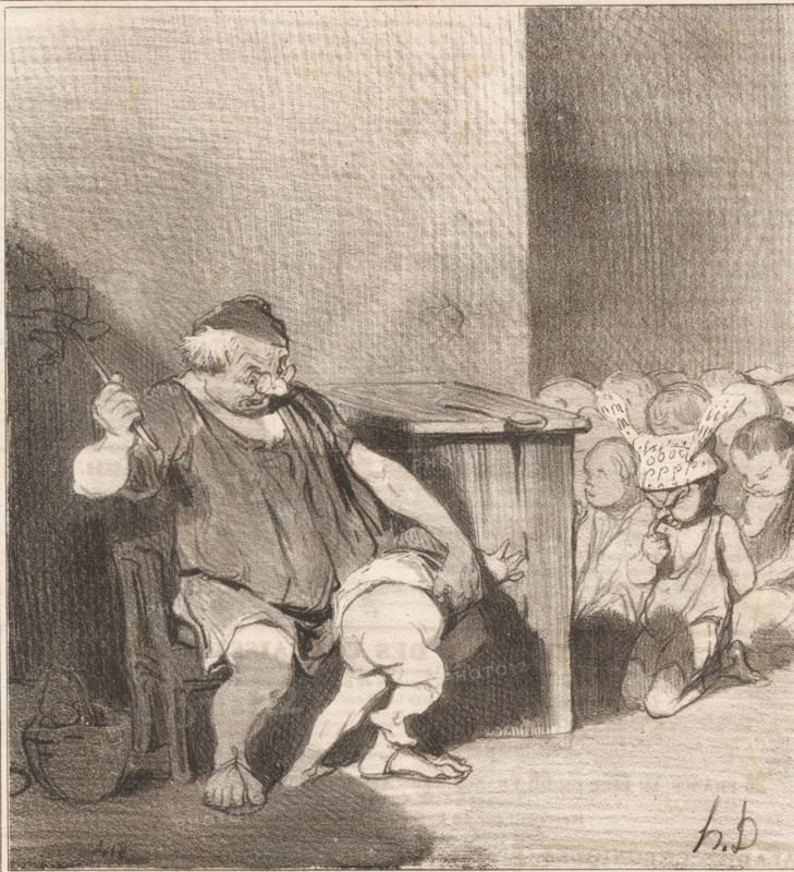 Denys the Tyrant, Caricature of Dionysius II of Syracuse, Caricatures of figures from Antiquity, Ancient History, cartoon, Series number, 30, 50, The exiled tyrant Dionysius II of Syracuse spends his last years in Corinth as a schoolmaster., number: '47', printmaker: Honoré Daumier, Paris, printer (person): Aubert & Cie., publisher: Bauger, 1842, printer (person), paper, lithography, height 362 mm x width 237 mm, Print published in: Le Charivari, 23-10-1842. Le Charivari was a humorous newspaper with caricatures and (political) cartoons., Person, Dionysius II of Syracuse, historical persons, caricatures (human types), (story of) Dionysius II, tyrant of Syracuse (caricature), An older man with thinning hair and glasses sits in a chair wearing a loose tunic and cap, one arm raised holding a thin rod and the other resting on his lap while a small child stands between his legs with bare feet and short pants, visible from behind; to the right a group of children sit on the floor, one wearin...