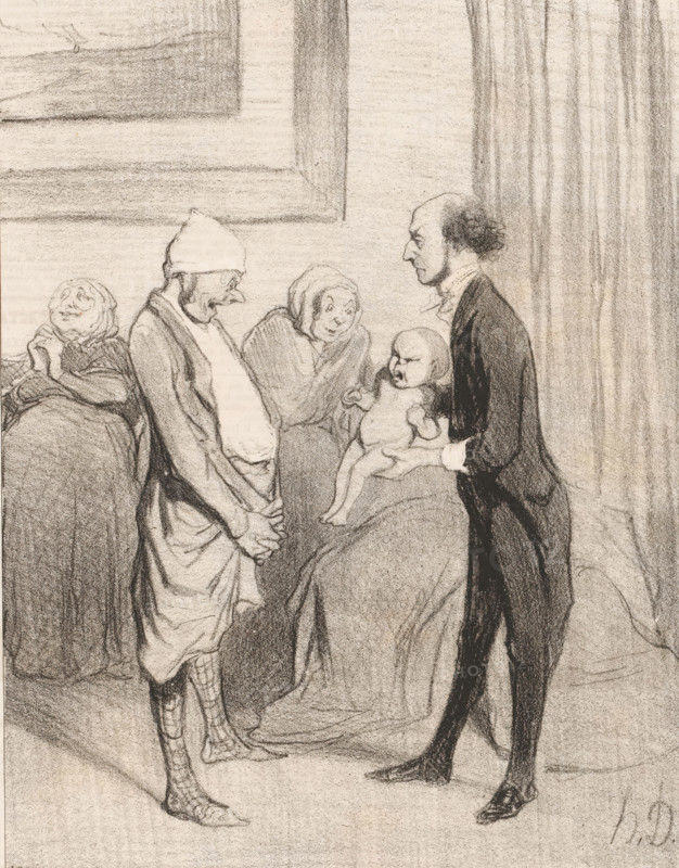 Doctor shows a father his newborn child, l'Entrée dans la vie, Depictions from La comédie humaine by Honoré de Balzac, La comédie humaine, cartoon, Series number, 1, 5, number: '58', printmaker: Honoré Daumier, Paris, printer (person): Aubert & Cie., publisher: Pannier & Cie., 1843, Honoré Daumier, Aubert & Cie., Pannier & Cie., printmaker, printer (person), publisher, paper, lithography, height 362 mm x width 243 mm, Print published in: Le Charivari, Aubert: Paris, 22-01-1843. Le Charivari was a humorous newspaper with caricatures and (political) cartoons., infant, baby, the ages of man, caricatures (human types), the newborn child, father and child(ren), man and child(ren) (family group) (with number of children), A charcoal or pencil drawing of an interior scene showing a man in a dark suit holding a small baby toward a group of three older figures; the suited man stands tall with a pointed nose and receding hair, holding the baby by its torso, the baby appearing squirming with a fu...