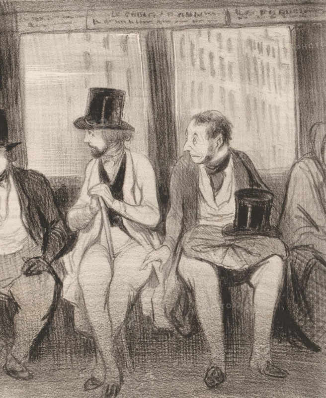 An unpleasant encounter, Caricature of two men in an omnibus, Representations from Honoré de Balzac's *La comédie humaine*, *La comédie humaine*, print, Series number, 5, The well-dressed gentleman owes his tailor money. Therefore, he ignores the man when he sits down next to him in the omnibus., number: '56', printmaker: Honoré Daumier, Paris, printer (person): Aubert & Cie., publisher: Pannier & Cie., 1843, Honoré Daumier, Aubert & Cie., Pannier & Cie., printmaker, printer (person), publisher, paper, lithography, height 362 mm x width 243 mm, Print published in: Le Charivari, Aubert: Paris, 03-04-1843. Le Charivari was a humorous newspaper with caricatures and (political) cartoons., diligence, omnibus, horse-tram, caricatures (human types), A charcoal drawing shows a row of seated men inside a carriage, visible from the waist down to their feet; two central figures wear tall top hats, coats, and scarves, one holding a cloth in his hands and the other resting his hat on his lap while ...