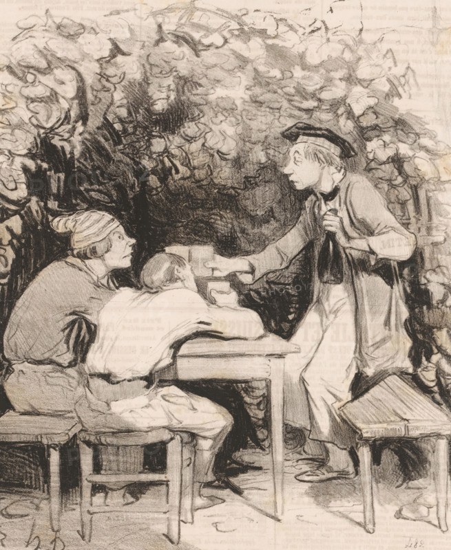 Three men toasting with a glass of wine, Vois tu, mon ami Durant, Parisian boatmen, Les canotiers parisiens, cartoon, Series number, 12, 20, number: '125', printmaker: Honoré Daumier, Paris, printer (person): Aubert & Cie., publisher: Pannier & Cie., 1843, printer (person), paper, lithography, lithografie, height 363 mm x width 246 mm, Print published in: Le Charivari, 02-06-1843. Le Charivari was a humorous newspaper with caricatures and (political) cartoons., drinking, caricatures (human types), crew, ship, glass of wine, A pencil or charcoal drawing shows three seated figures at a wooden table beneath a canopy of dense foliage; two figures on the left sit on stools, one leaning forward with head resting on folded arms and the other looking up wearing a cap, while a standing figure on the right leans toward them holding a bottle and extending a glass, wearing a long coat and a cap with a brim. The scene contains textured shading, visible folds in clothing, simple wooden stools and a ...
