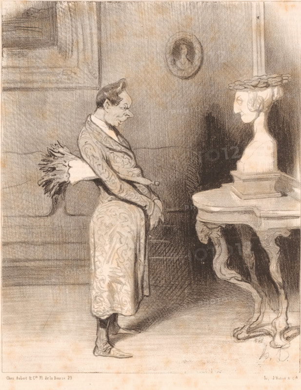 To say that Arsinoé was not happy to be portrayed, Caricature of a man by the bust of his wife, Pedante vrouwen, Les Bas-Bleus, cartoon, Series number, 12, 40, The man grumbles that he has to dust the marble bust of his wife every morning., number: '205', printmaker: Honoré Daumier, Paris, printer (person): Aubert & Cie., 1844, printer (person), paper, lithography, lithografie, height 363 mm x width 238 mm, Print used for: Le Charivari, 04-03-1844., sculpture, portrait of a writer, caricatures (human types), satire on marriage, (household) utensils and implements (with NAME), A charcoal or pencil sketch of an interior scene showing a person in profile standing and facing a bust on a small ornate table, the person wearing a patterned long robe and holding a fan against their back, with a slightly hunched posture and pronounced facial features; the bust on the table wears a wreath and rests on stacked rectangular plinths, and the table has carved cabriole legs with decorative details; a ...