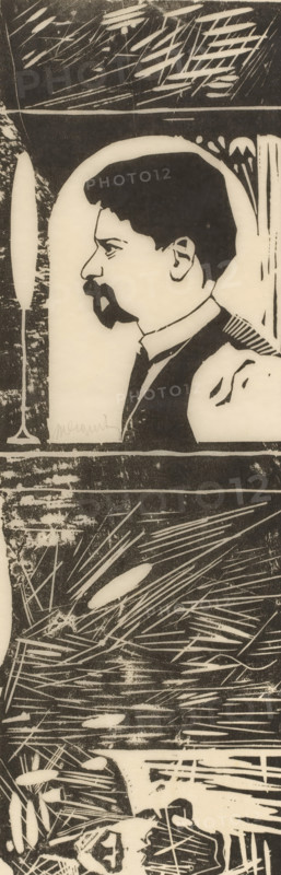 Self-portrait, print, Self-portrait with goatee in profile. Below that a dark area with stripes., annotation: 'First woodcut', printmaker: Samuel Jessurun de Mesquita (signed by artist), 1896, paper, Japanese paper (handmade paper), woodcut, height 456 mm x width 300 mm, Person, portrait, self-portrait of artist, A monochrome print shows a side profile of a man with dark hair, a mustache, and a small beard, facing left inside an arched frame; he wears a collared shirt and a vest. The background around him contains dense, linear hatch marks and textured areas with a mix of dark and light strokes. Below the portrait, abstract patterns of sharp, radiating lines and elongated oval shapes fill the space, creating a layered, scratched texture across the lower portion of the image.