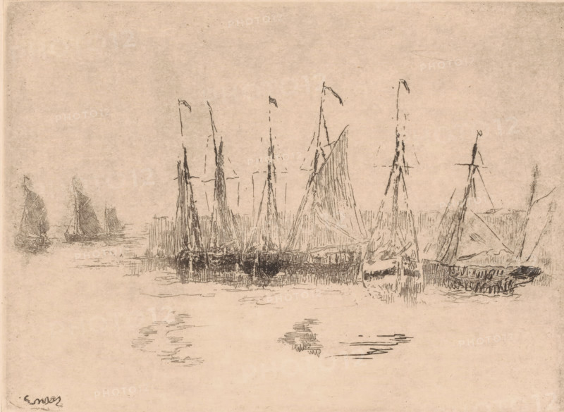 Les chaloupes, Sailboats in the water, print, printmaker: James Ensor, 1888, paper, etching, intaglio printmaking technique, etching with plate tone, height 177 mm x width 238 mm, ships (in general) - CC - more than one ship, A panoramic sketch on a pale background showing a group of boats with tall masts clustered near the center and right, their sails rendered with fine, vertical and diagonal ink strokes and small flags atop some masts, with reflections and horizontal hatch marks in the water beneath them; smaller vessels appear toward the left with triangular sails, and faint rippling marks extend across the water toward the foreground, while the overall composition is sparse with light, sketchy lines and a wide expanse of empty space above and around the boats.