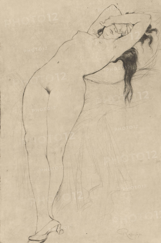 Nude woman with hands covering her face and her upper body resting on a cushion, Le Léthé, print, The woman is wearing high heels., inscription: 'Le Léthé', printmaker: Armand Rassenfosse, 1916, paper, drypoint, intaglio printmaking technique, etching, height 310 mm x width 209 mm, shoes, sandals, the (nude) human figure, 'Corpo humano' (Ripa) - AA - female human figure, leaning backward - AA - female human figure, A pencil drawing of a reclining nude figure shown from head to feet, lying on a draped surface with long hair falling down beside the head, one arm bent to cover the face and the other arm extended above the head, subtle shading and fine contour lines defining the torso, hips, and legs, faint sketch lines indicating folds of fabric beneath and around the body, and simple heeled footwear on the feet.