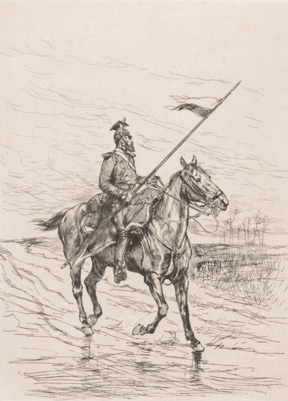 Ulaan in stormy weather, print, printmaker: Edouard Detaille, France, 1858 - 1912, paper, chine collé, etching, etching on chine collé, height 320 mm x width 240 mm, the soldier, the soldier's life, helved weapons, polearms (for striking, hacking, thrusting): lance, A detailed pen sketch shows a mounted soldier in profile riding a muscular horse through shallow water, the rider wearing a uniform with a peaked helmet and a long coat, holding a long spear with a small fluttering flag near its tip, the horse equipped with a bridle and saddle and captured mid-step with water rippling around its hooves, the scene rendered with fine crosshatching and flowing lines against a sparsely detailed background of open sky and distant, bare vegetation.