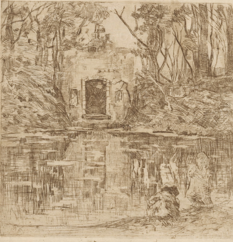 Ruins by a pond (Lage Vuursche) (original title), print, printmaker: Willem de Zwart, c. 1896, paper, etching, drypoint, intaglio printmaking technique, height 151 mm x width 150 mm, landscape with ruins, pond, pool, Lage Vuursche, A monochrome etching showing a ruined stone facade set within a dense wooded scene, with an arched doorway at the center flanked by two small rectangular openings and surrounded by rough masonry; slender tree trunks and tangled branches rise around and behind the ruin, their foliage and bark indicated by short, sketchy hatch marks; the ground in front of the building slopes down toward a reflective horizontal plane that mirrors the doorway and surrounding lines; scratchy crosshatching and parallel strokes create textured shadows and undergrowth across the forest floor and along the walls, and a larger, darker rock or root mass sits near the right foreground among more irregular vegetation strokes.